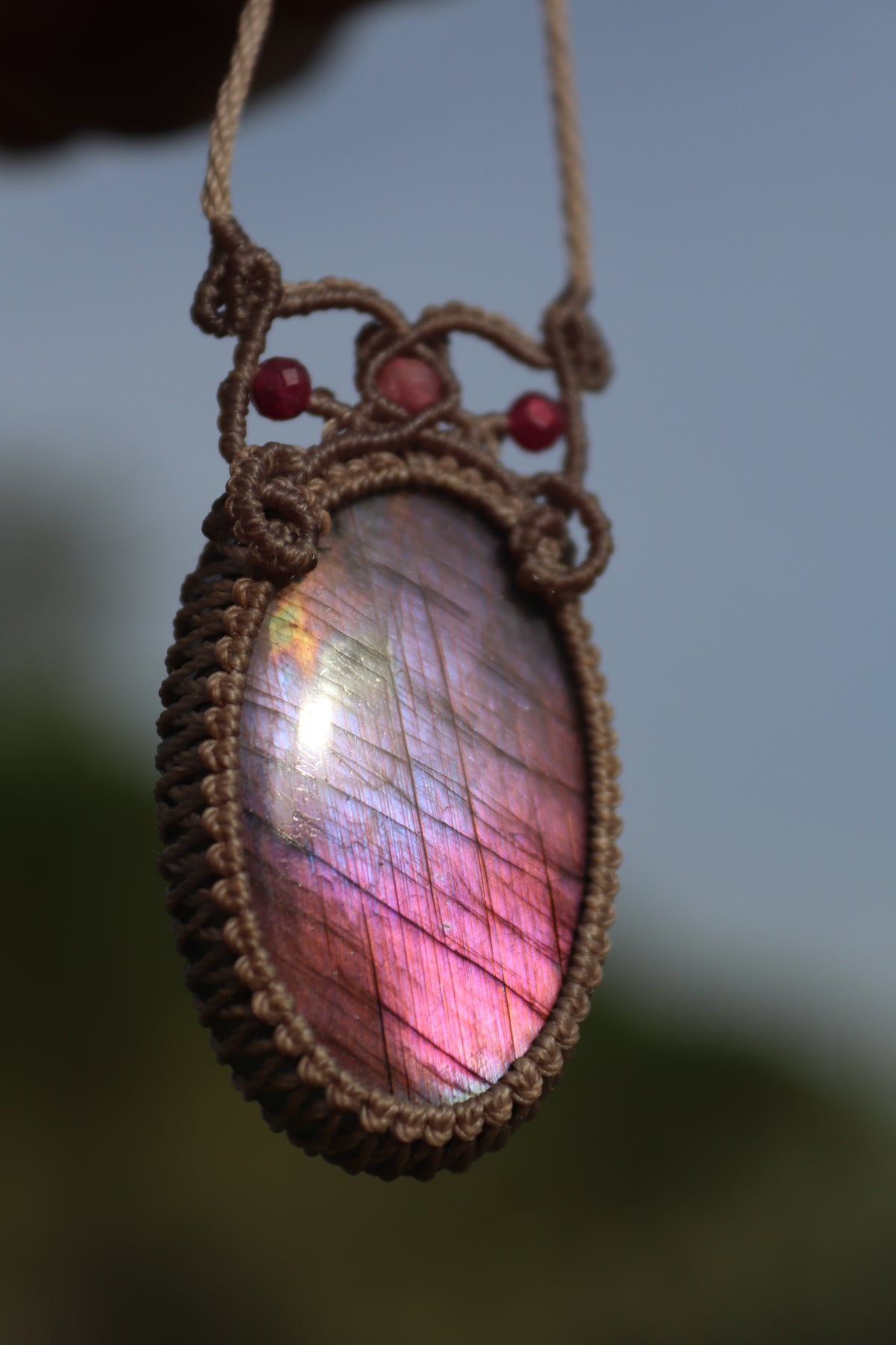 Pink and puple labradorite necklace with tourmaline and Ruby beads | Handmade Macrame Jewelry