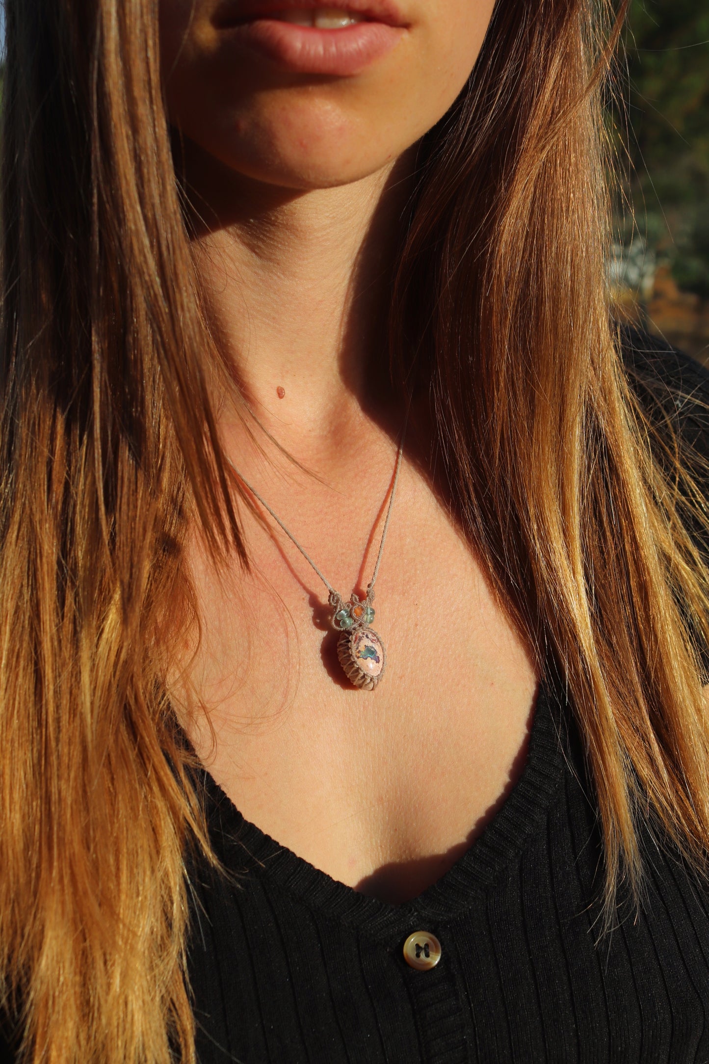 Orange and turquoise Mexican opal necklace with paraiba blue apatite beads | Handmade Macrame Jewelry