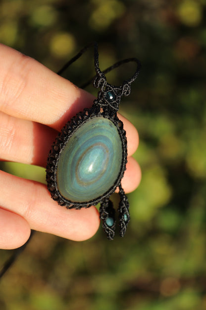 Teal blue rainbow obsidian necklace with teal tourmaline beads | Handmade Macrame Jewelry