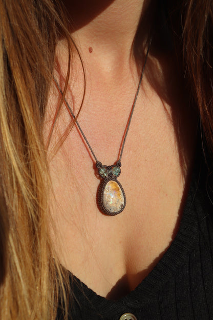 Green and purple Mexican opal pendant | Handmade Macrame Jewelry