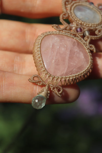 Rose quartz and moonstone pendant with aquamarine teardrop