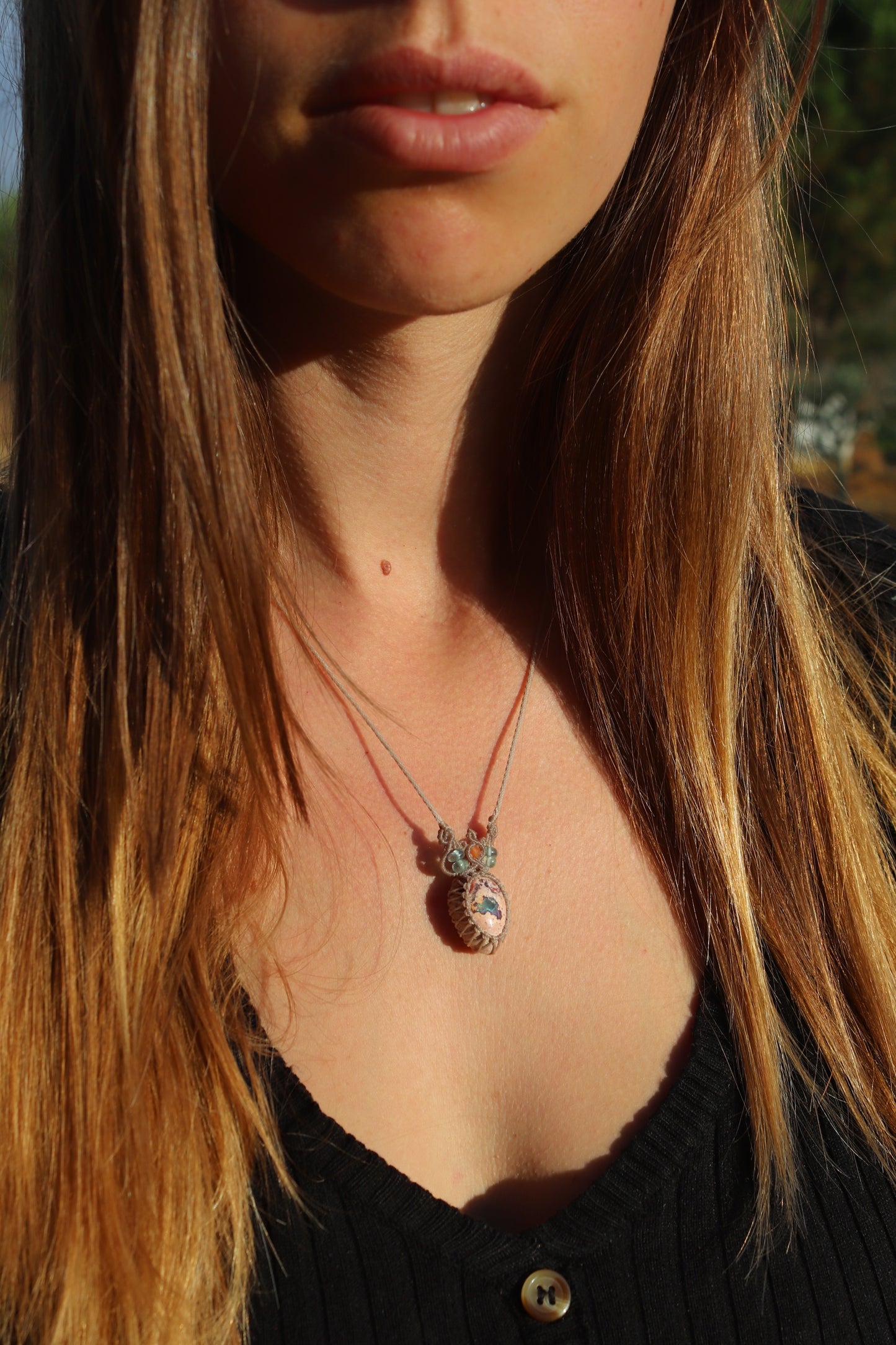 Orange and turquoise Mexican opal necklace with paraiba blue apatite beads | Handmade Macrame Jewelry