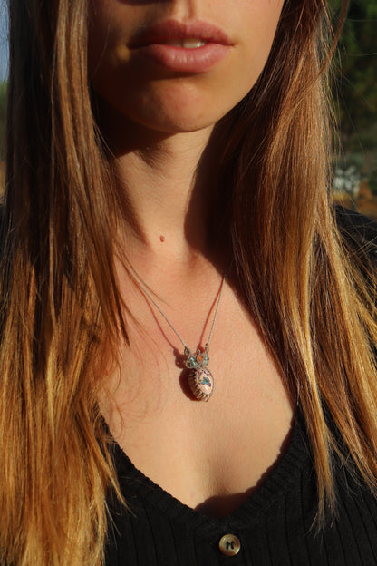Orange and turquoise Mexican opal necklace with paraiba blue apatite beads | Handmade Macrame Jewelry