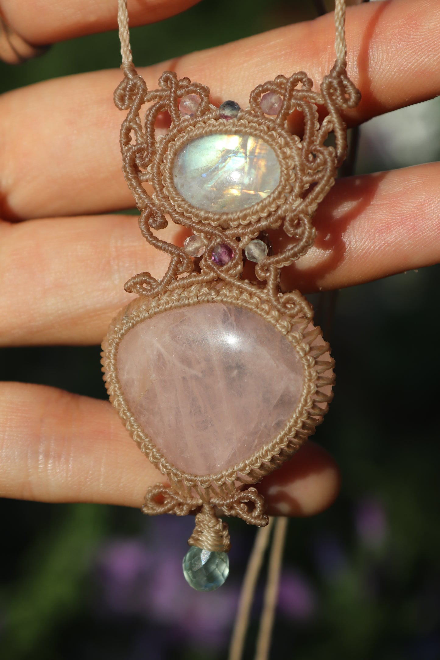 Rose quartz and moonstone pendant with aquamarine teardrop