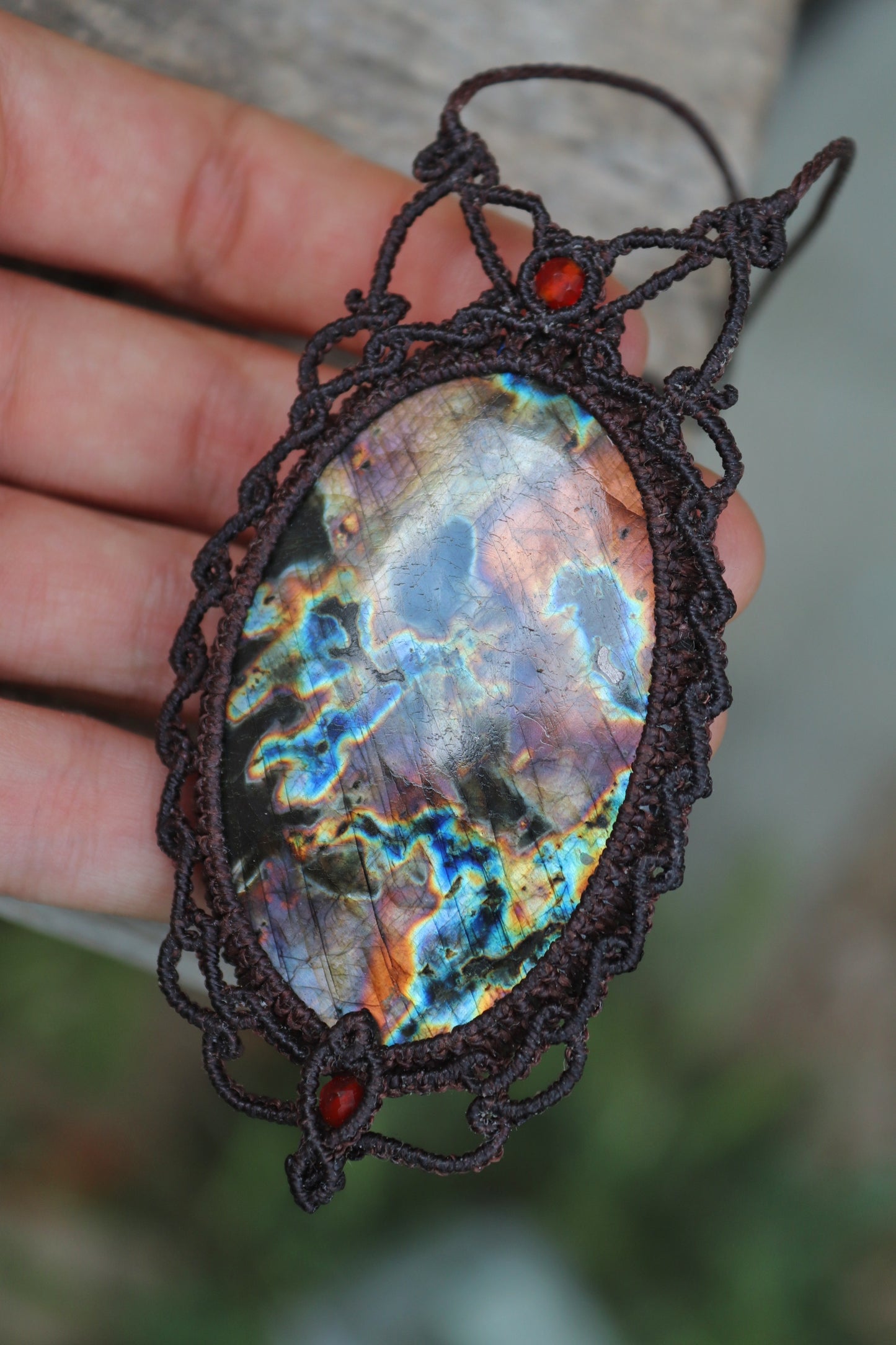 Big Red and purple Labradorite pendant with carnelian beads
