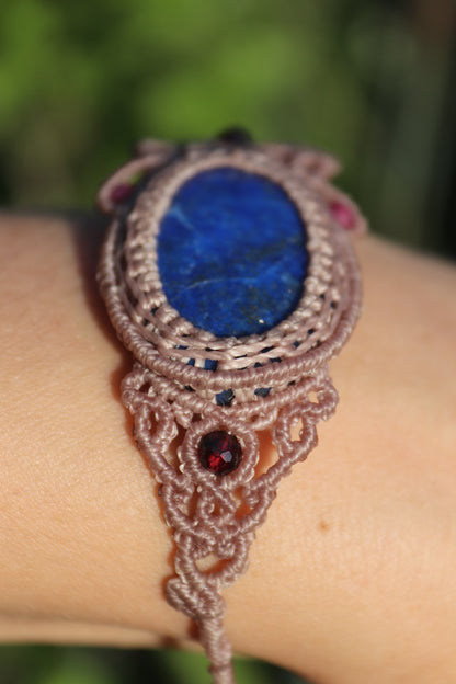 Lapis lazuli bracelet, asymmetrical design with garnet and ruby beads