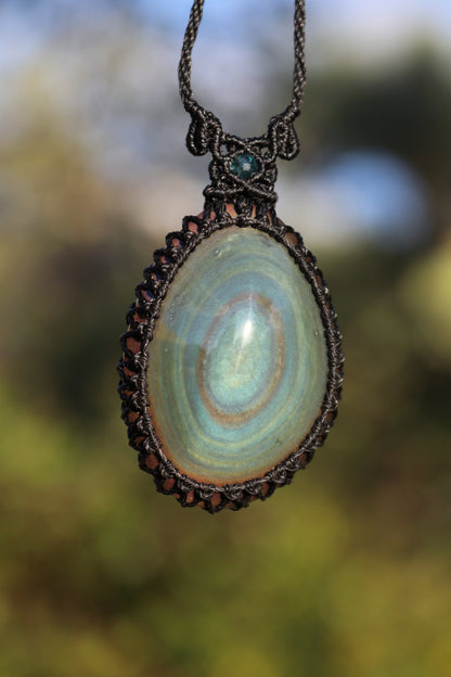 Teal blue rainbow obsidian necklace with teal tourmaline beads | Handmade Macrame Jewelry