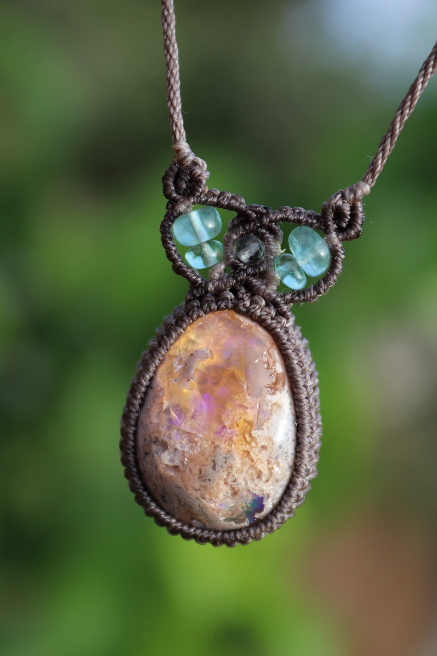 Green and purple Mexican opal pendant | Handmade Macrame Jewelry