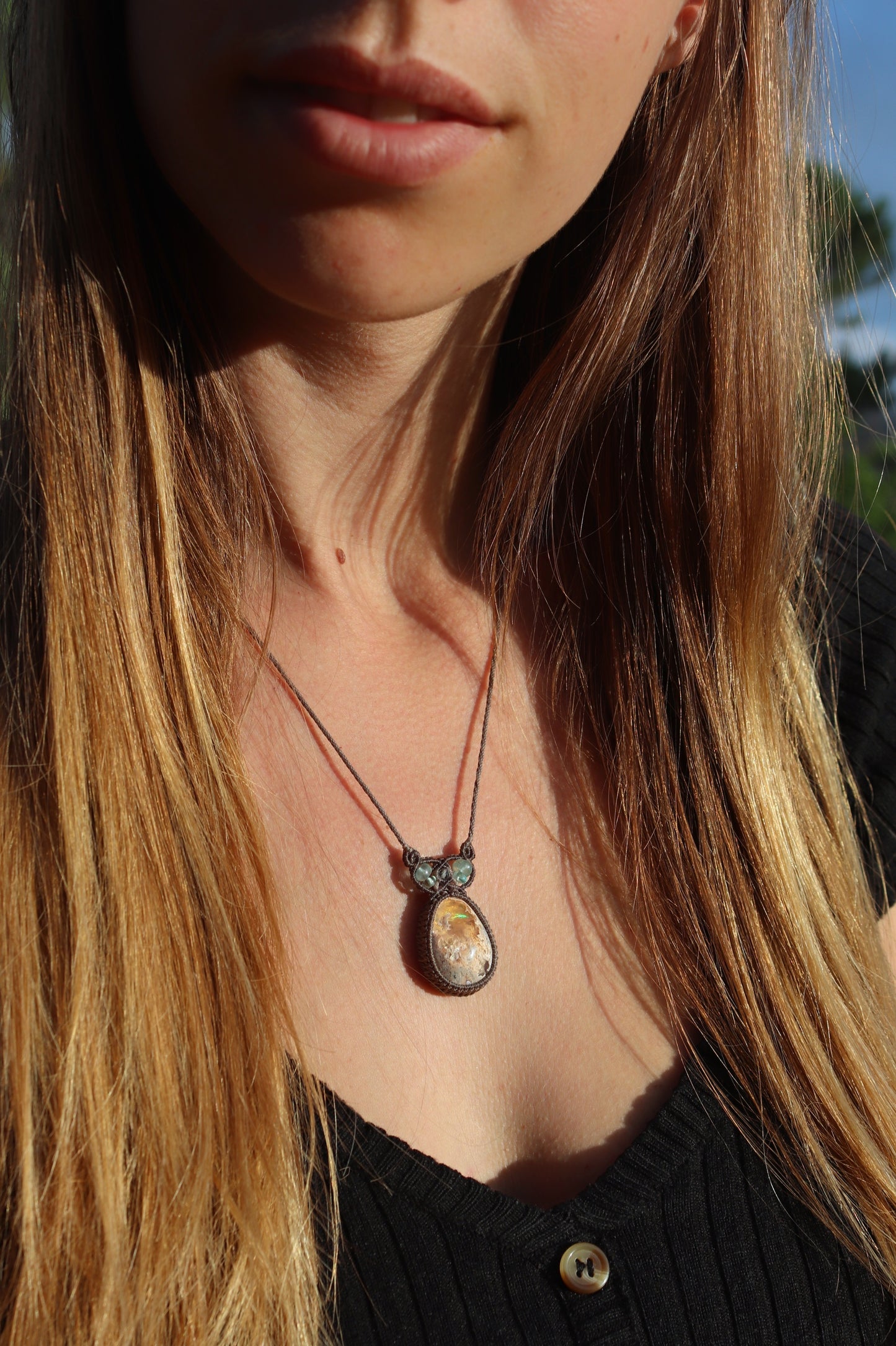 Green and purple Mexican opal pendant | Handmade Macrame Jewelry
