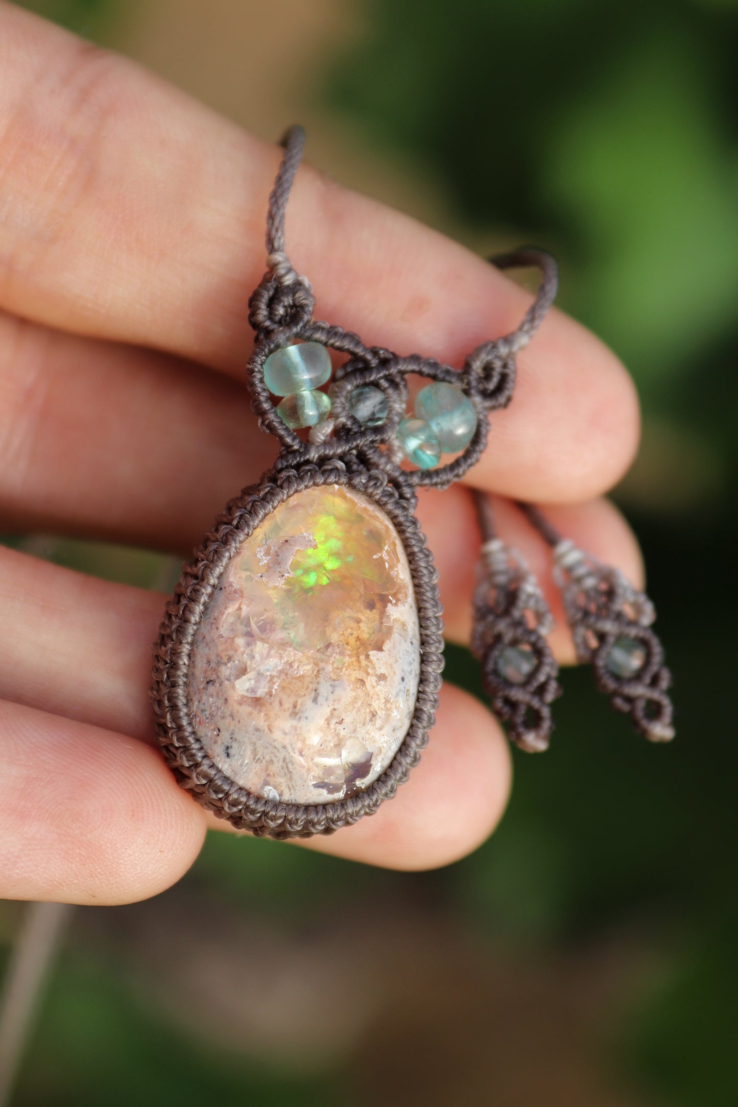 Green and purple Mexican opal pendant | Handmade Macrame Jewelry