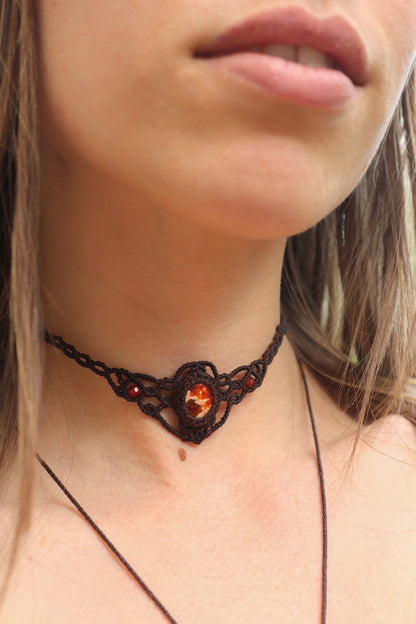 Red fire opal choker with carnelian beads