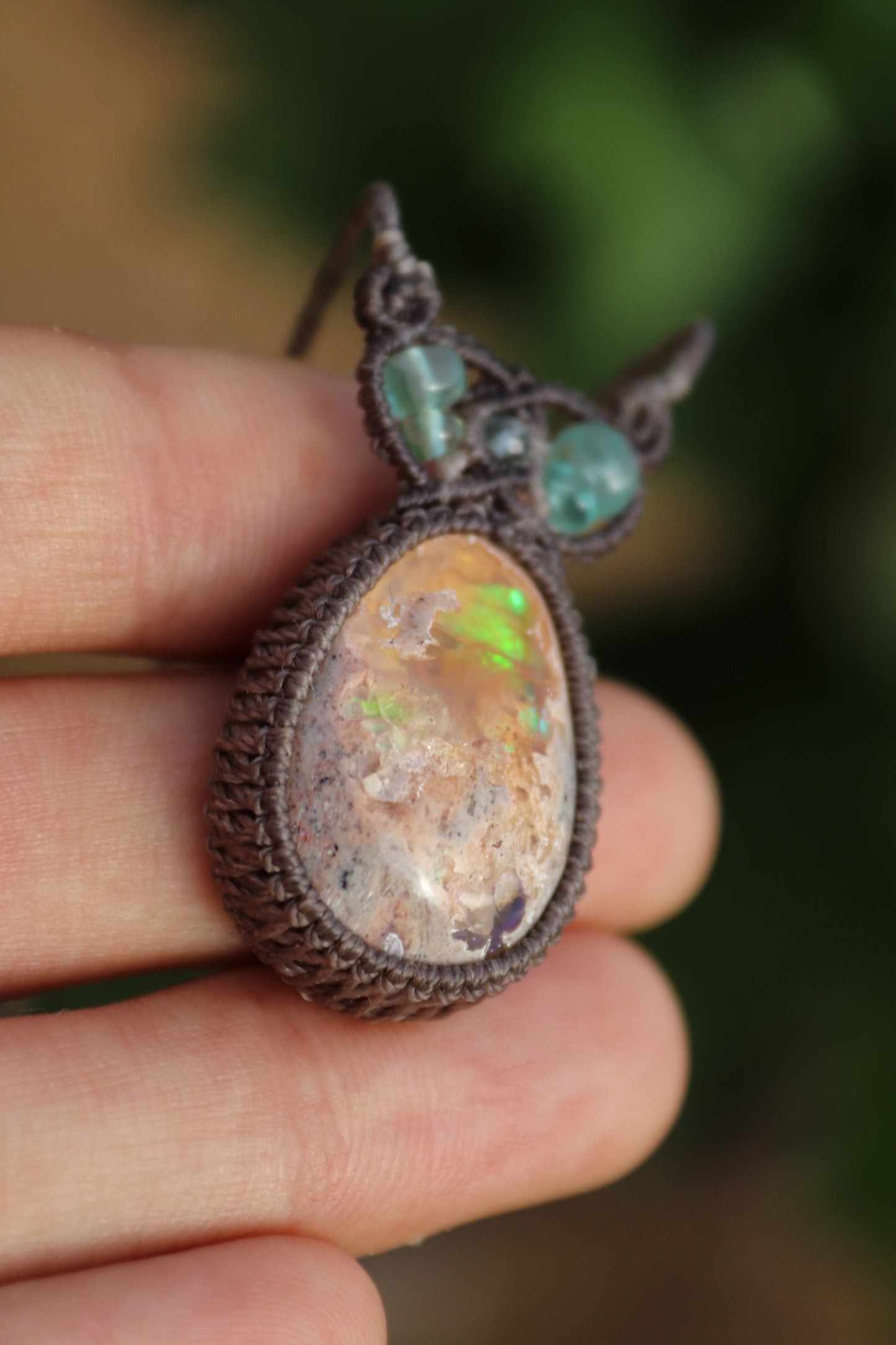 Green and purple Mexican opal pendant | Handmade Macrame Jewelry