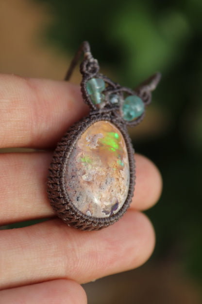 Green and purple Mexican opal pendant | Handmade Macrame Jewelry