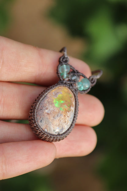 Green and purple Mexican opal pendant | Handmade Macrame Jewelry