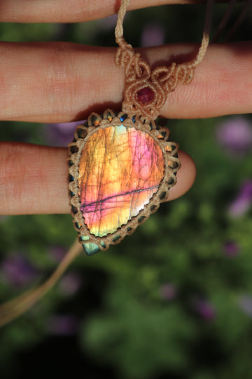Hot pink and orange labradorite with Ruby beads
