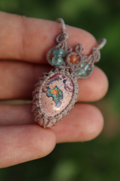 Orange and turquoise Mexican opal necklace with paraiba blue apatite beads | Handmade Macrame Jewelry