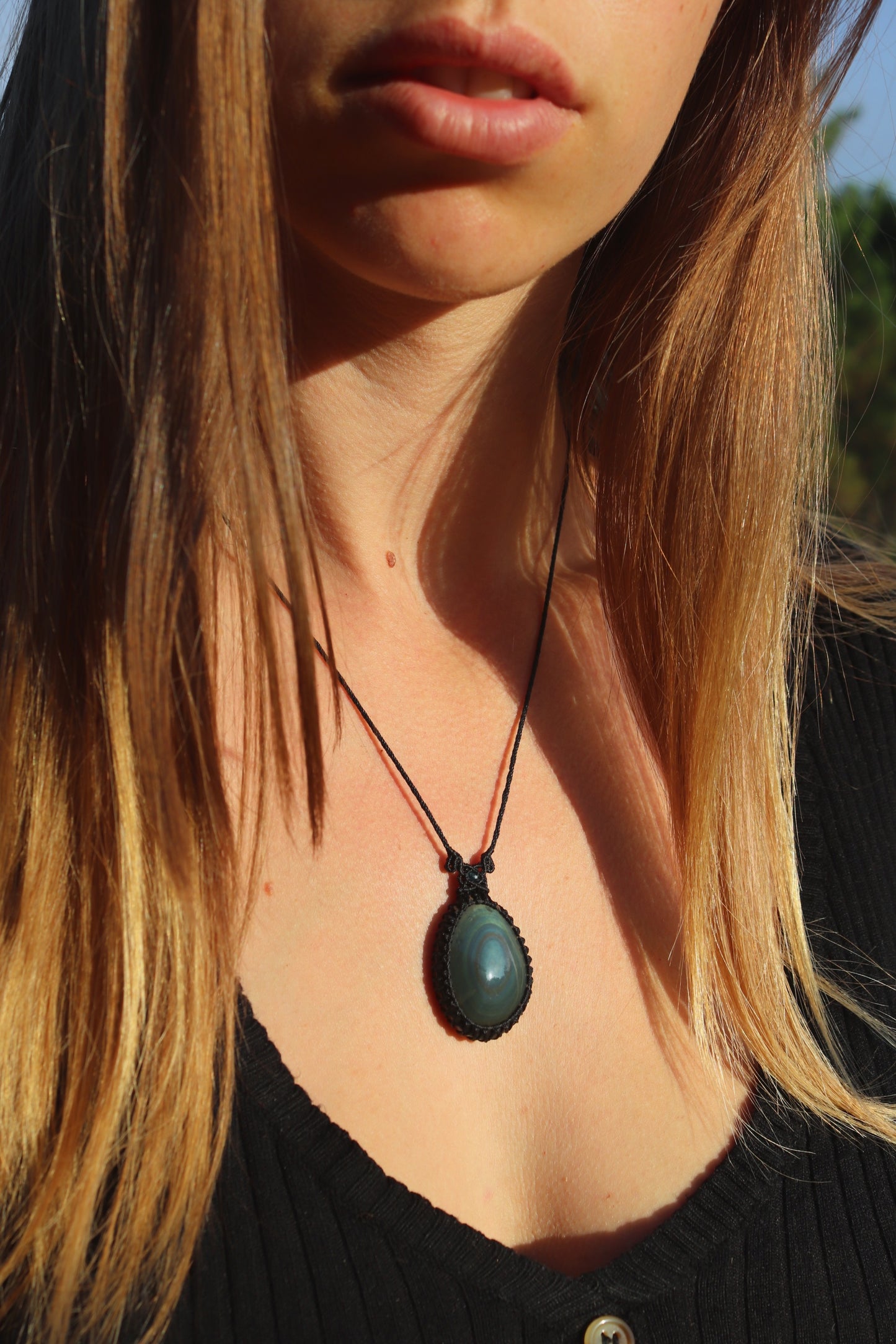 Teal blue rainbow obsidian necklace with teal tourmaline beads | Handmade Macrame Jewelry
