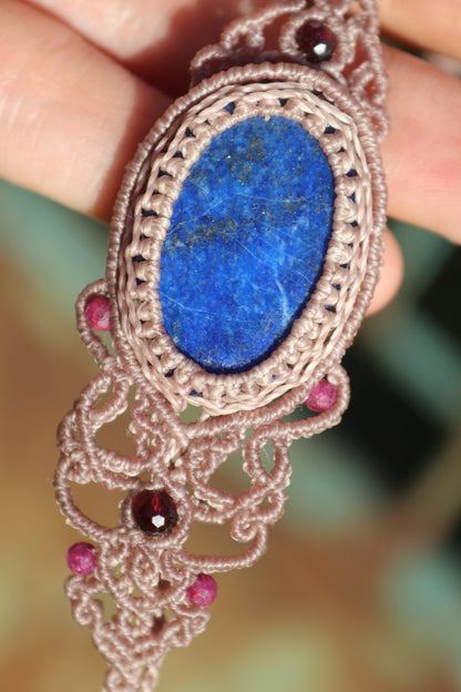 Lapis lazuli bracelet, asymmetrical design with garnet and ruby beads