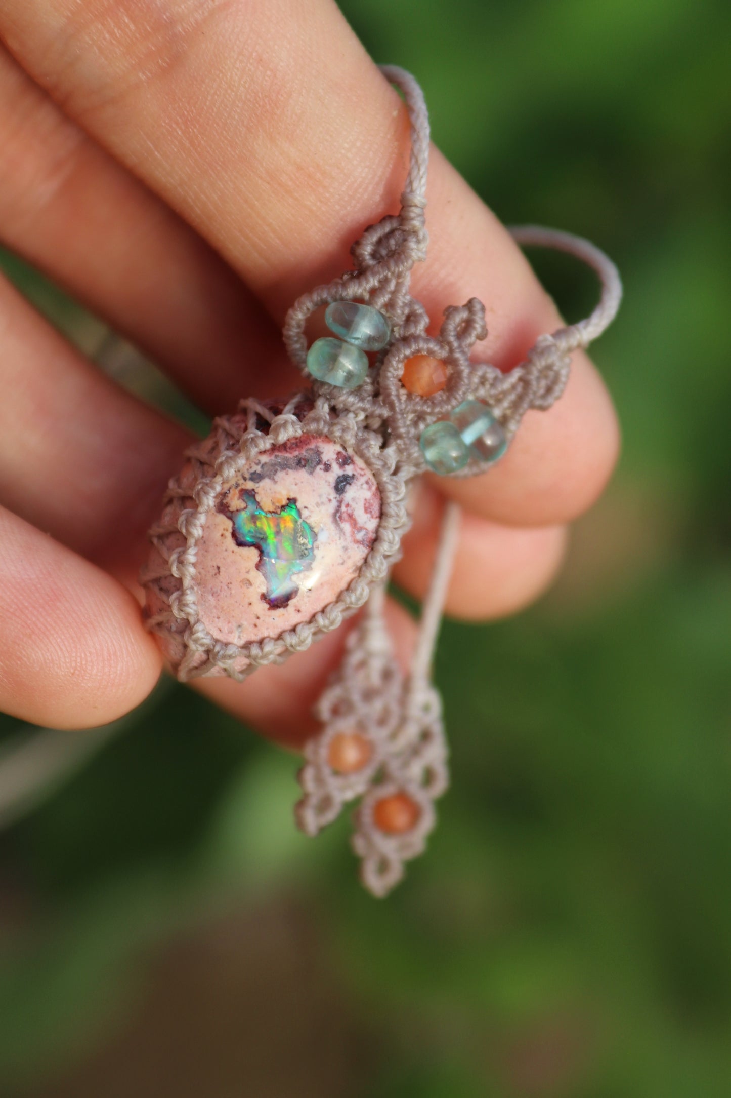 Orange and turquoise Mexican opal necklace with paraiba blue apatite beads | Handmade Macrame Jewelry