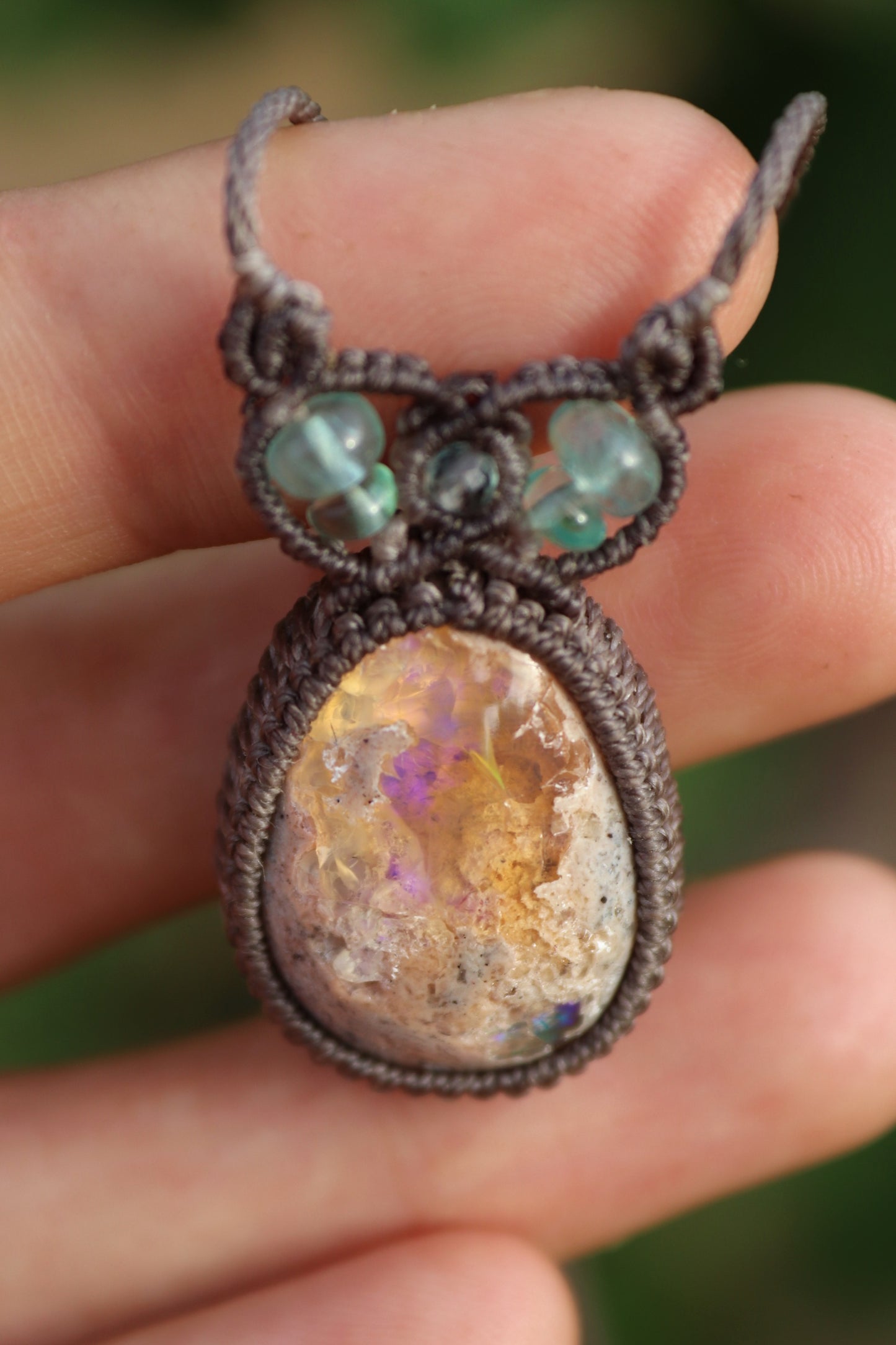 Green and purple Mexican opal pendant | Handmade Macrame Jewelry