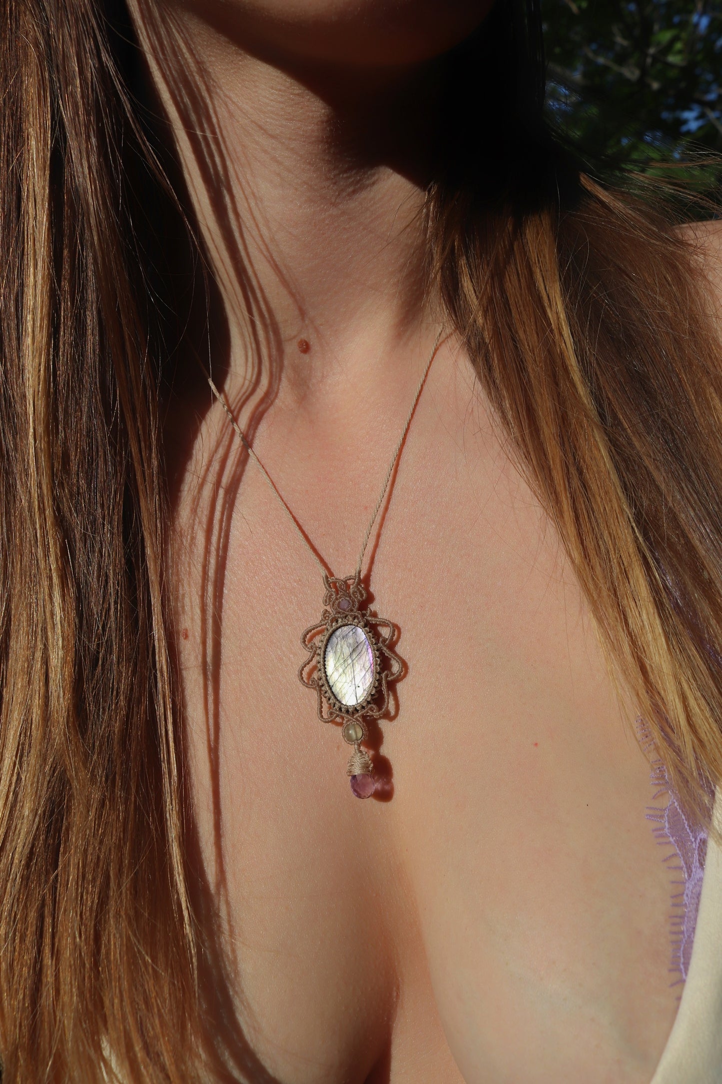 Silver and purple labradorite pendant with amethyst and fluorite beads