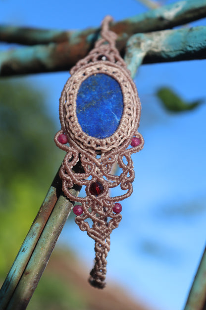 Lapis lazuli bracelet, asymmetrical design with garnet and ruby beads