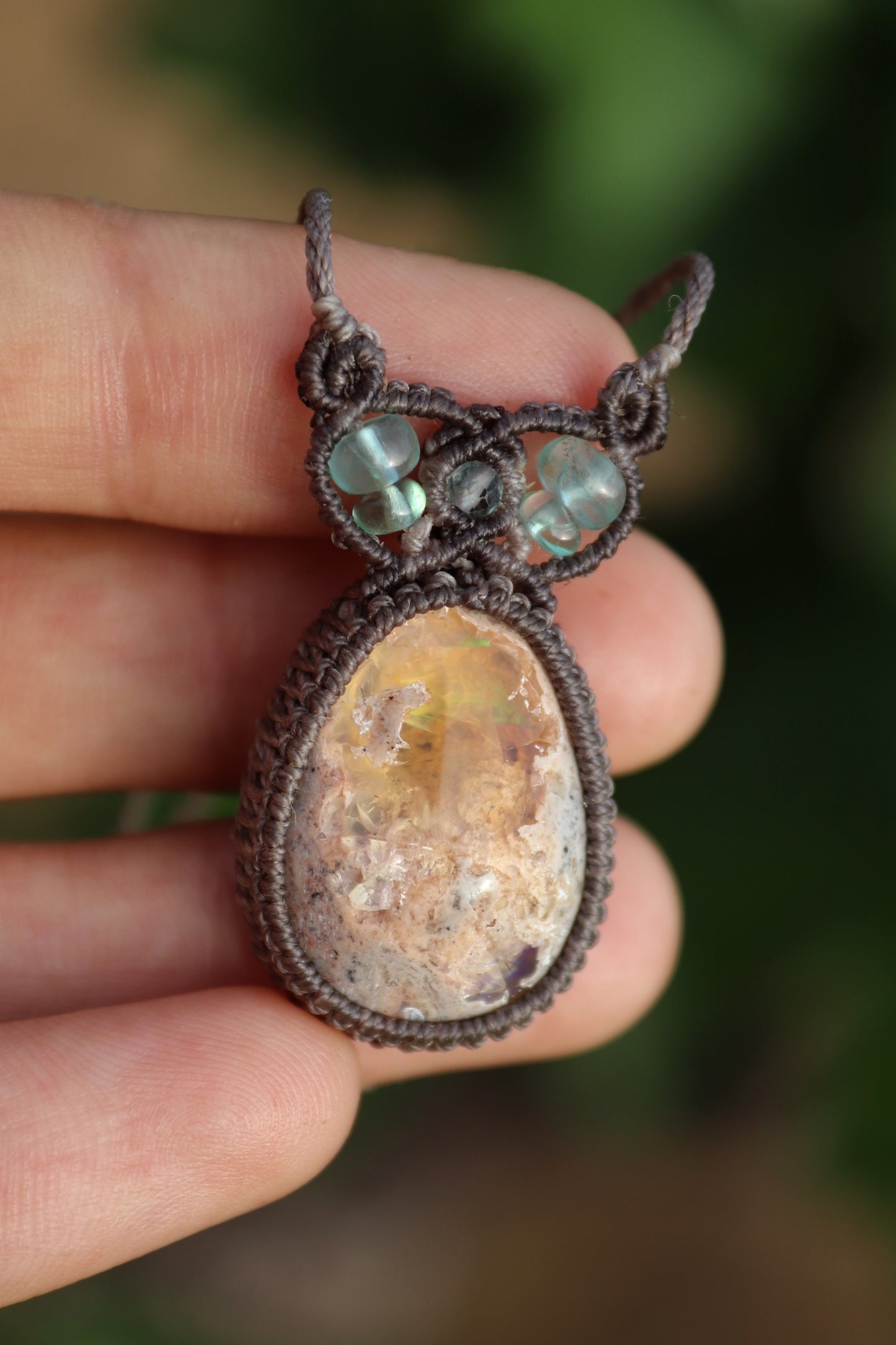 Green and purple Mexican opal pendant | Handmade Macrame Jewelry