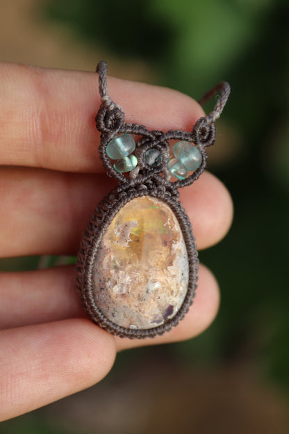 Green and purple Mexican opal pendant | Handmade Macrame Jewelry