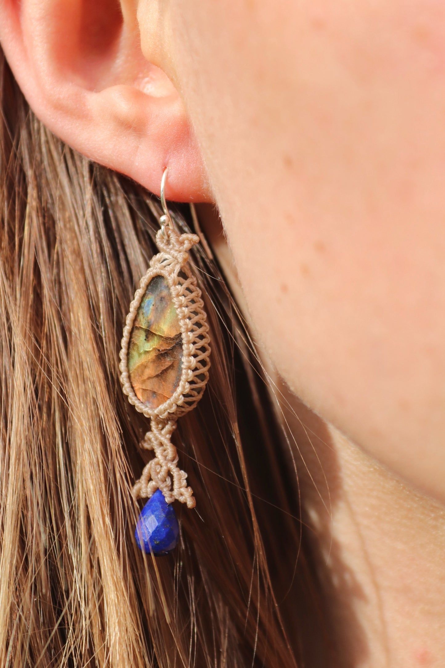 Glowing sunset labradorite earrings with lapis lazuli teardrop, 925 silver