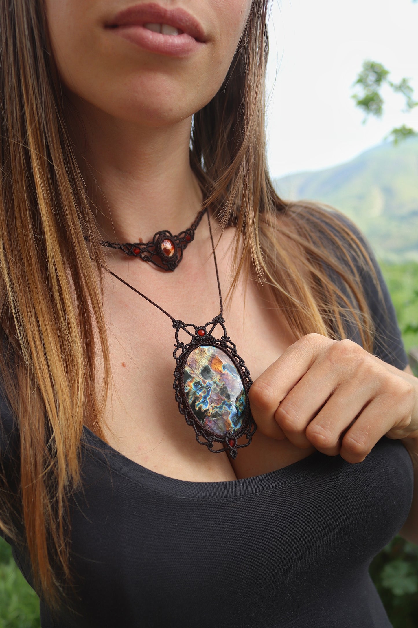 Big Red and purple Labradorite pendant with carnelian beads