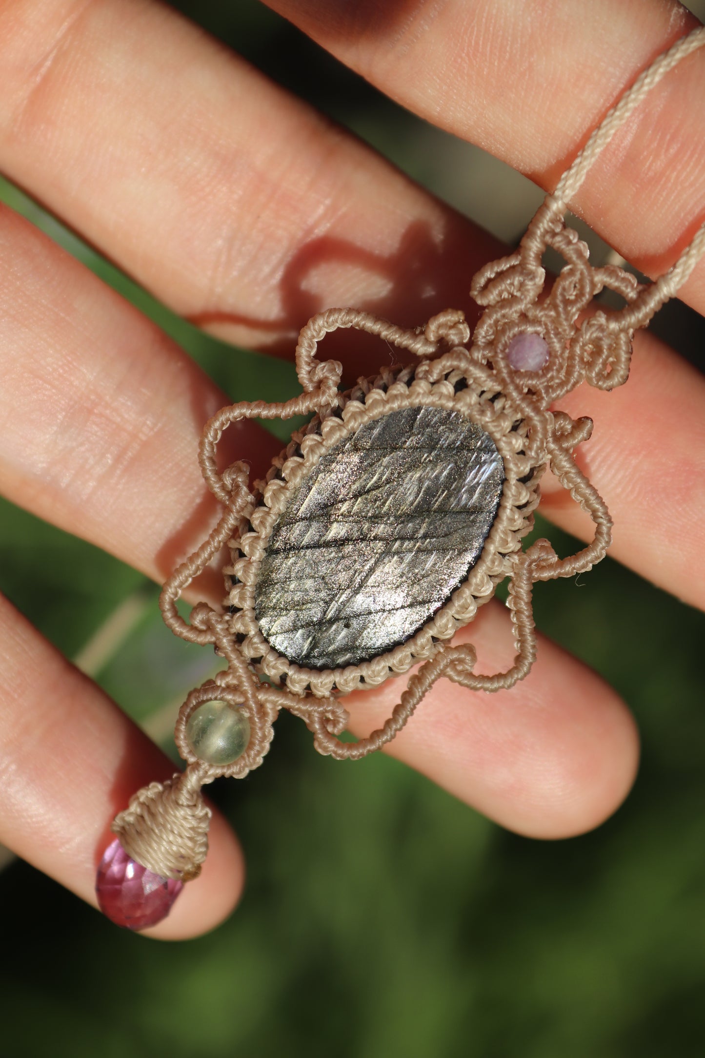 Silver and purple labradorite pendant with amethyst and fluorite beads