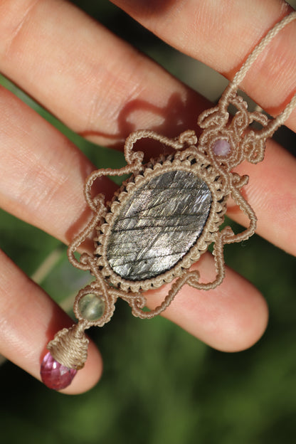 Silver and purple labradorite pendant with amethyst and fluorite beads