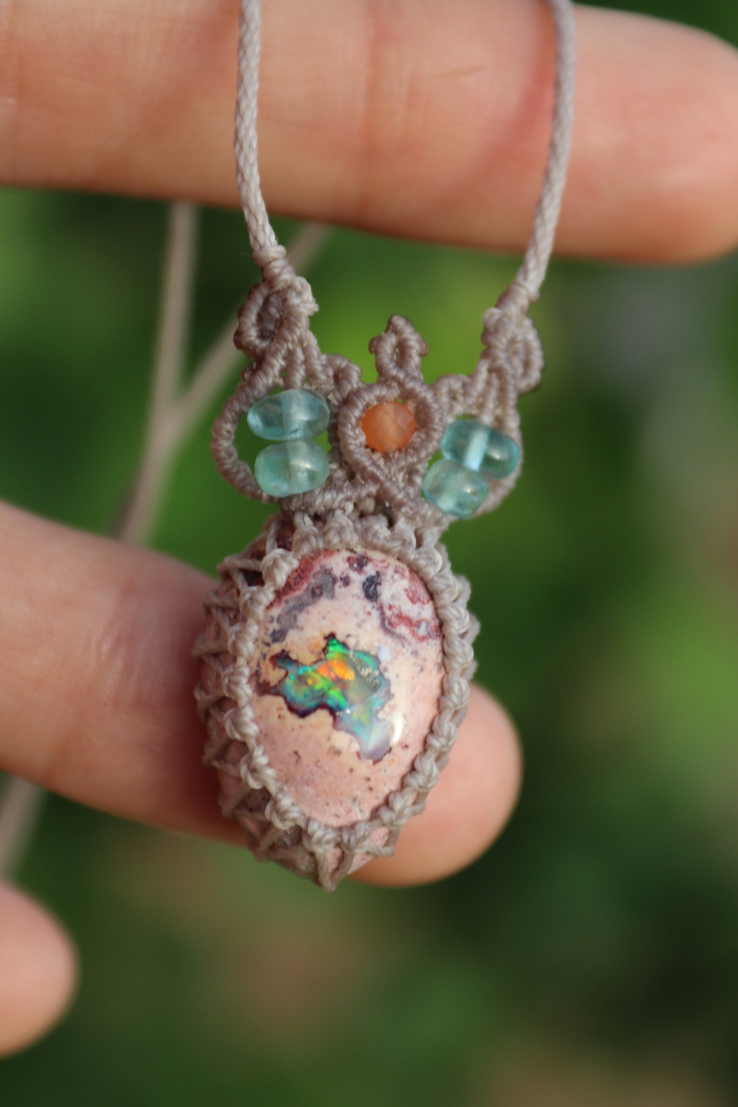 Orange and turquoise Mexican opal necklace with paraiba blue apatite beads | Handmade Macrame Jewelry