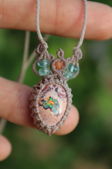 Orange and turquoise Mexican opal necklace with paraiba blue apatite beads | Handmade Macrame Jewelry