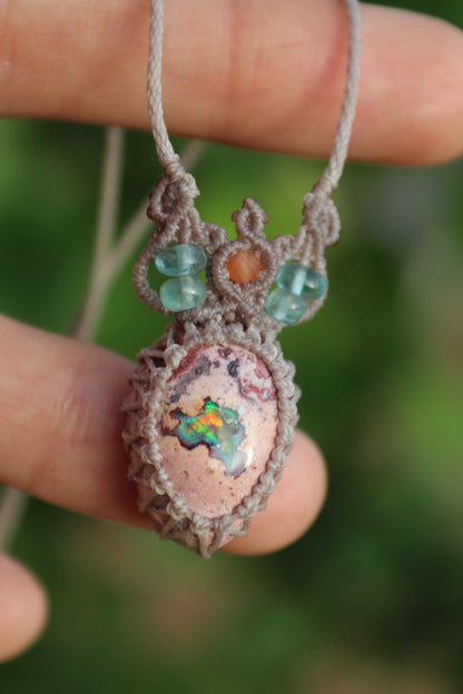 Orange and turquoise Mexican opal necklace with paraiba blue apatite beads | Handmade Macrame Jewelry