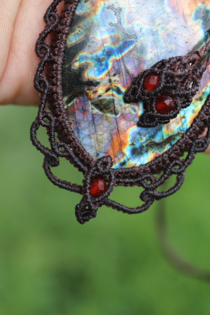 Big Red and purple Labradorite pendant with carnelian beads
