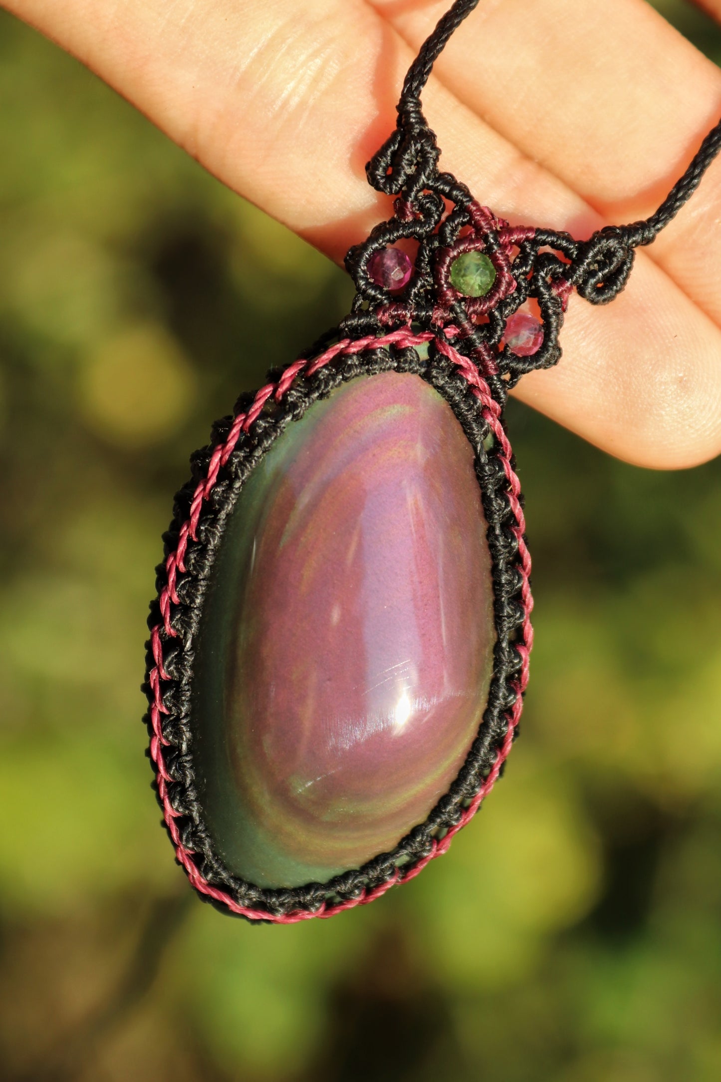 Purple and green rainbow obsidian necklace with tourmaline beads | Handmade Macrame Jewelry
