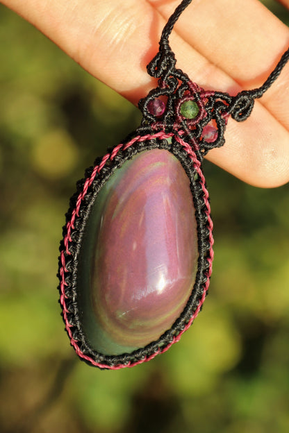 Purple and green rainbow obsidian necklace with tourmaline beads | Handmade Macrame Jewelry