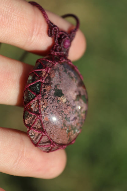 Lodolite/Garden Quartz pendant with natural ruby beads