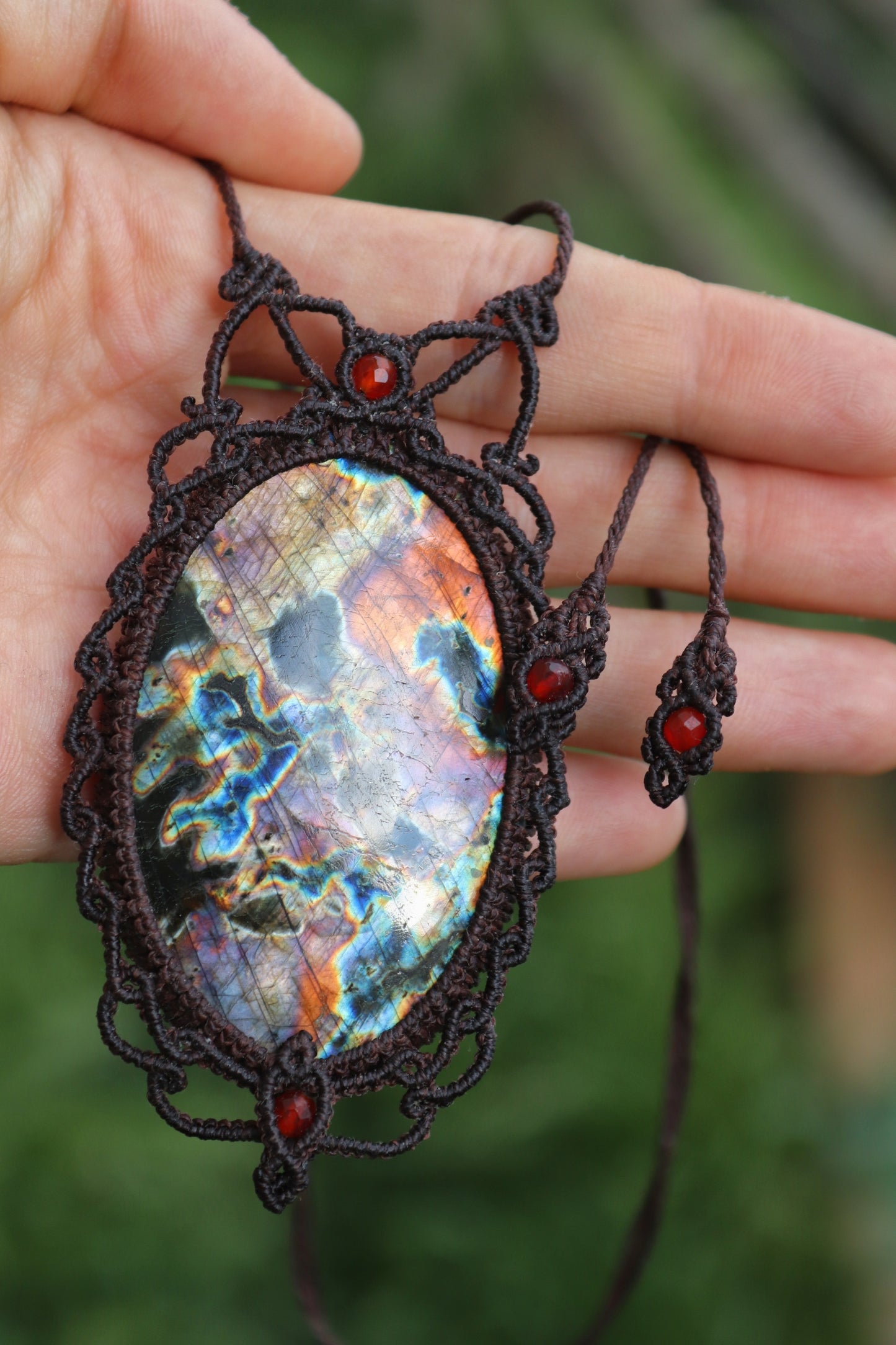 Big Red and purple Labradorite pendant with carnelian beads
