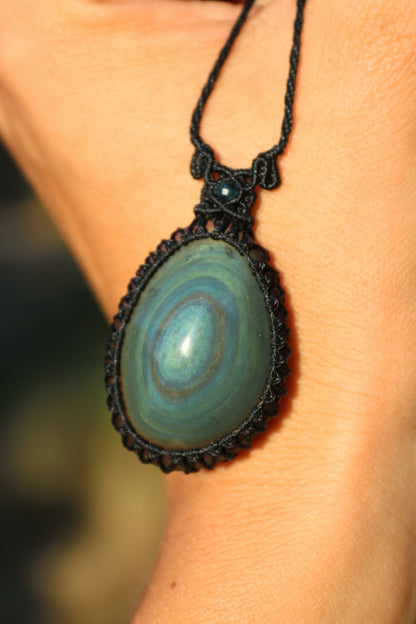 Teal blue rainbow obsidian necklace with teal tourmaline beads | Handmade Macrame Jewelry