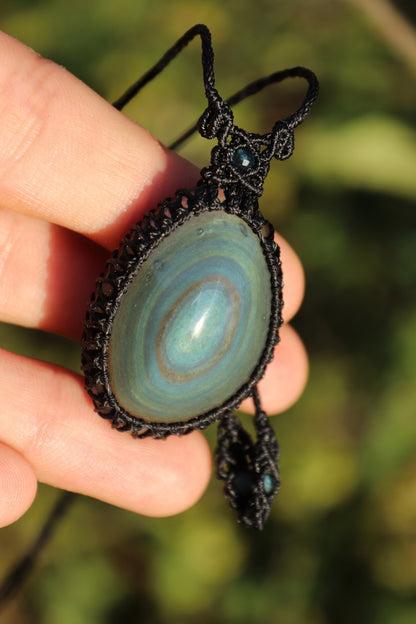 Teal blue rainbow obsidian necklace with teal tourmaline beads | Handmade Macrame Jewelry