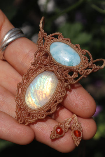 Larimar & Moonstone pendant with carnelian beads