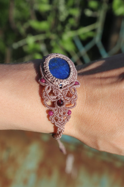 Lapis lazuli bracelet, asymmetrical design with garnet and ruby beads