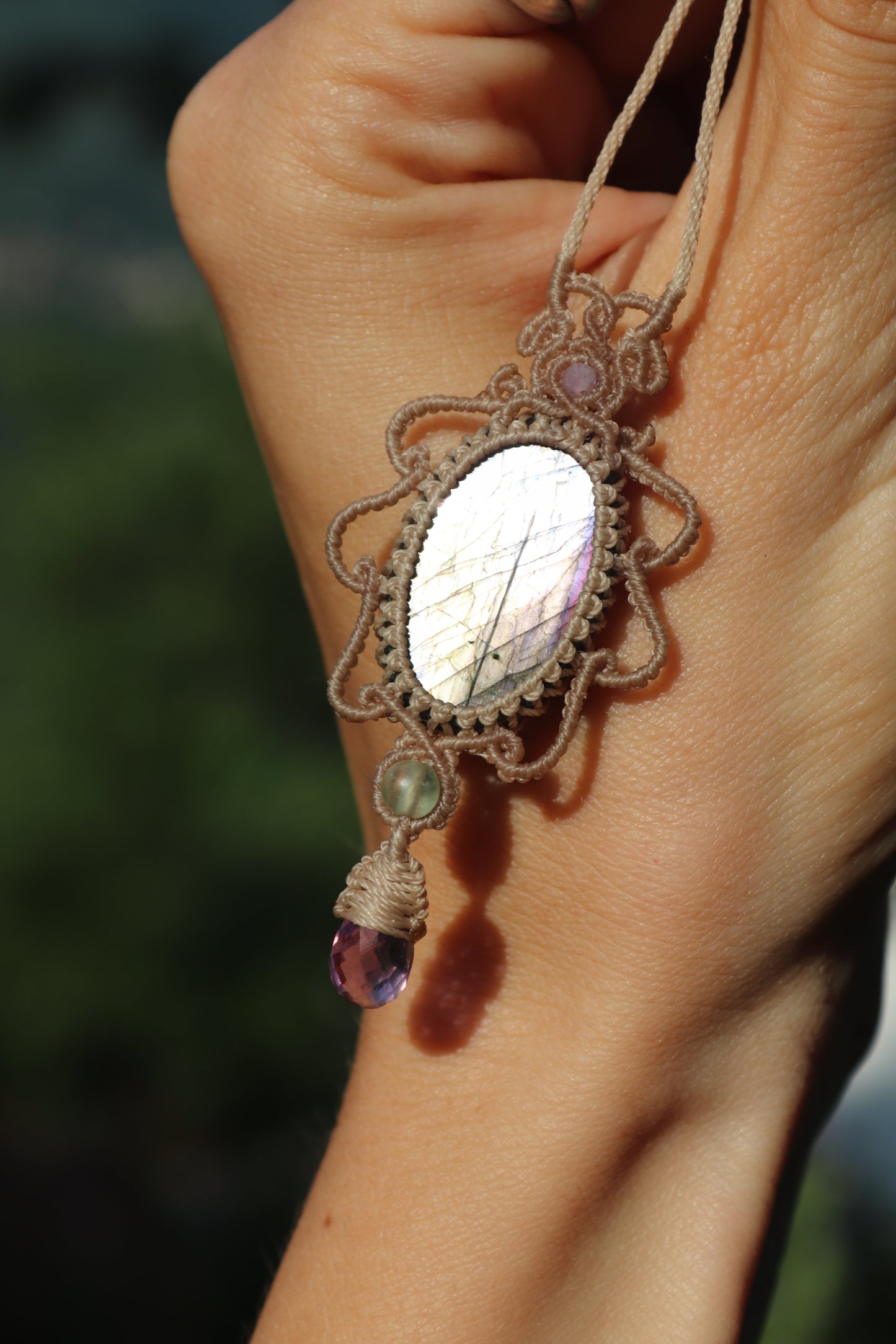 Silver and purple labradorite pendant with amethyst and fluorite beads