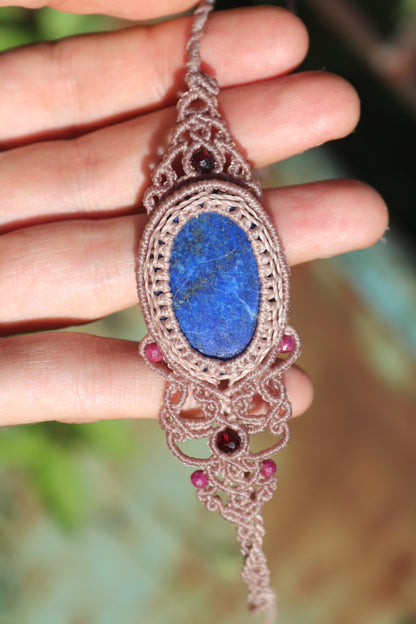 Lapis lazuli bracelet, asymmetrical design with garnet and ruby beads