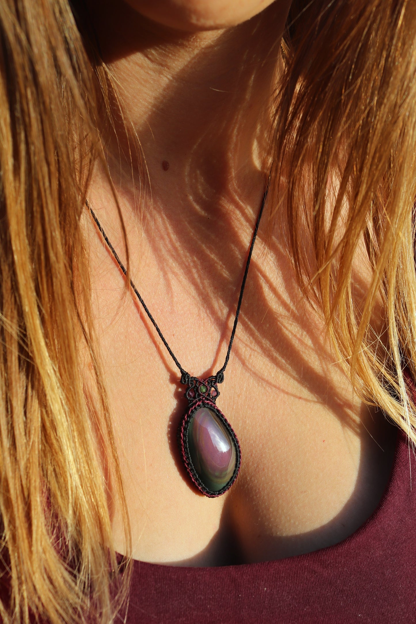 Purple and green rainbow obsidian necklace with tourmaline beads | Handmade Macrame Jewelry