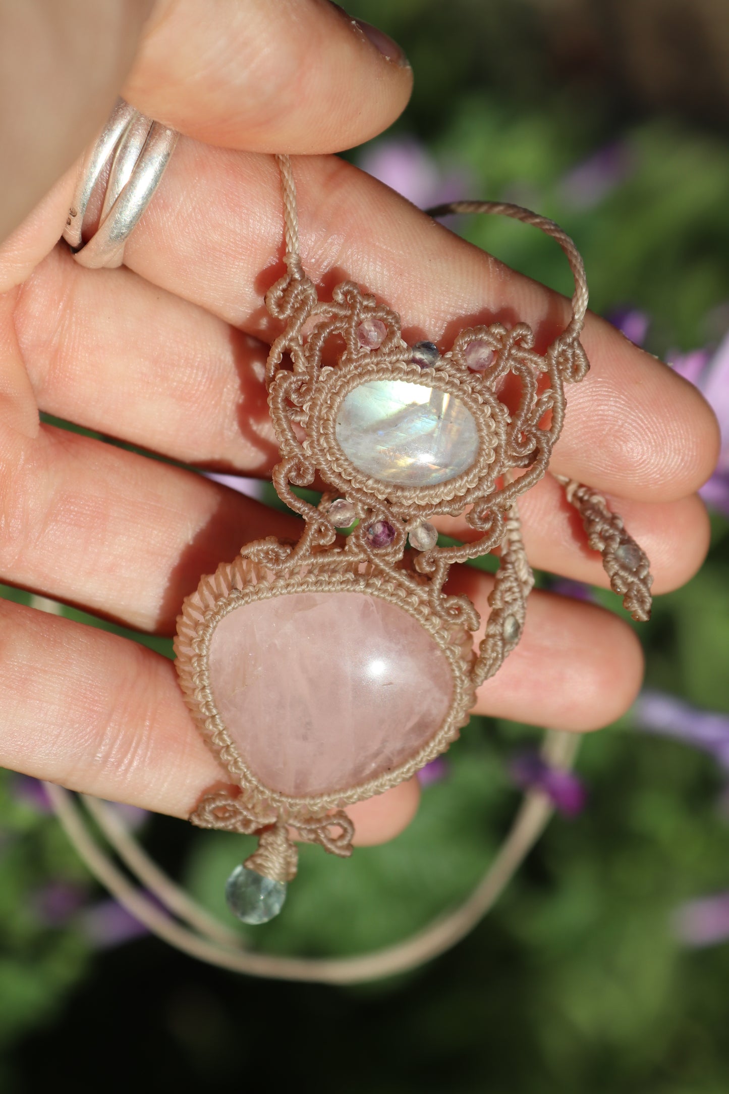 Rose quartz and moonstone pendant with aquamarine teardrop