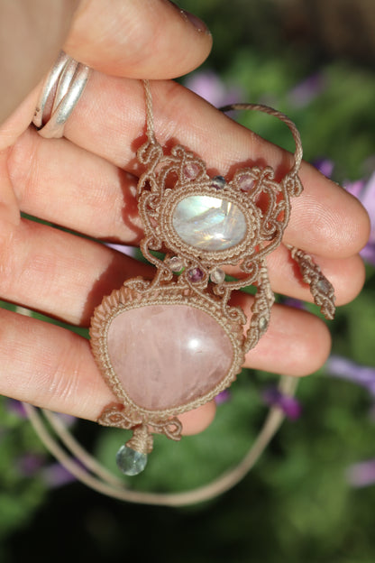 Rose quartz and moonstone pendant with aquamarine teardrop