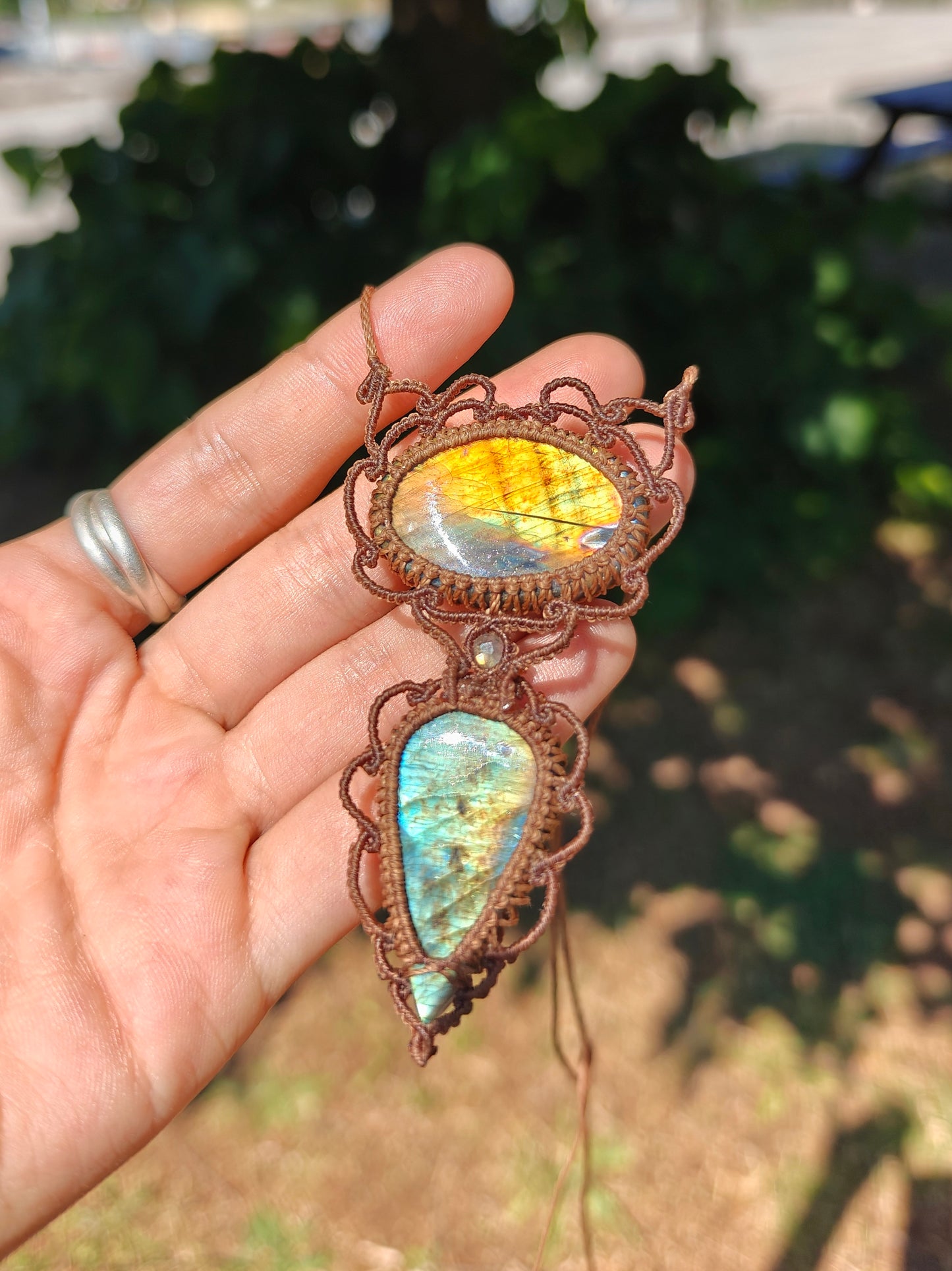 Elegant double labradorite pendant - golden sunset | Handmade Macrame Jewelry